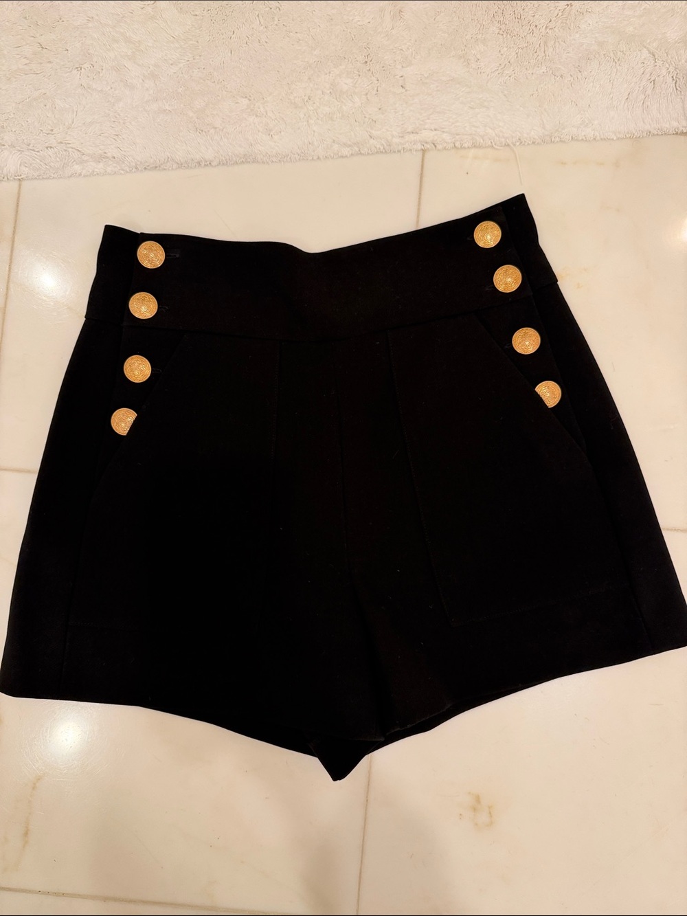 Alice + Olivia Black High-Waist Sailor Shorts with Gold Buttons